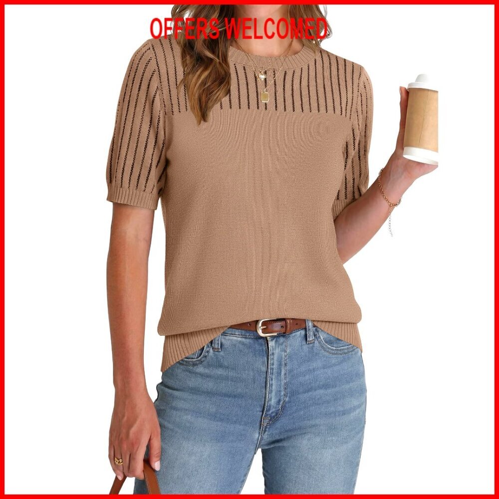 Short Sleeve Hollow Out Sweater Top 100% Viscose Crew Neck Business Casual